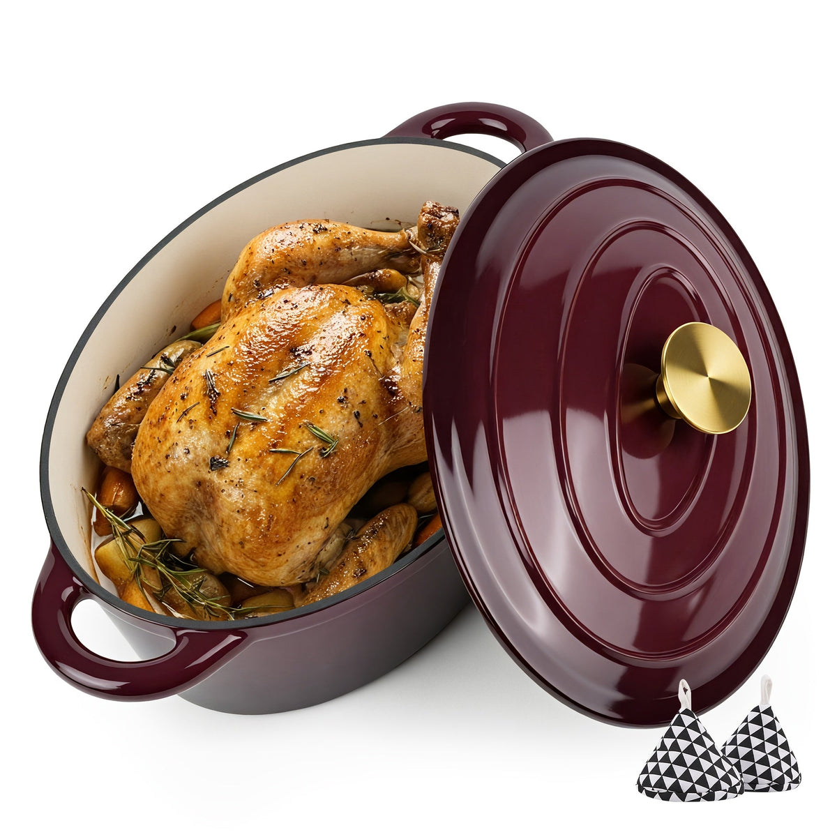 Burgundy oval Dutch oven with chicken and lid