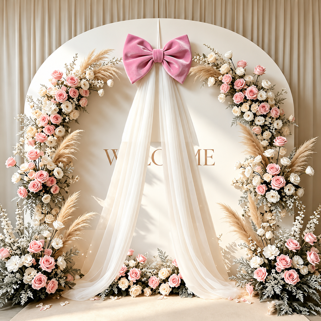 Oversized Christmas Bow — pink bow on a floral round display