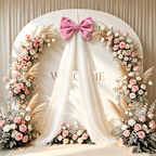 Oversized Christmas Bow — pink bow on a floral round display