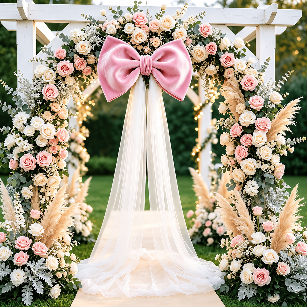Oversized Christmas Bow — pink bow at a floral arch