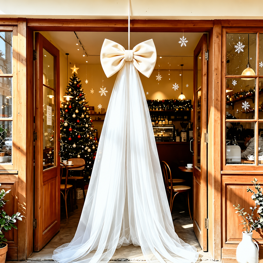 Oversized Christmas Bow — white bow suspended above its long tulle tails