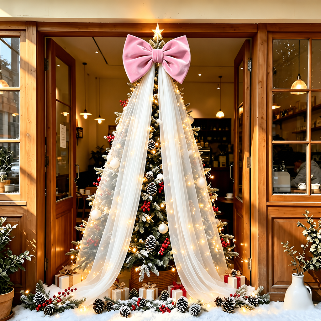Oversized Christmas Bow — pink bow over a decorated tree