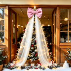 Oversized Christmas Bow — pink bow over a decorated tree