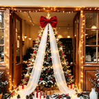 Oversized Christmas Bow — burgundy bow decorating a tree