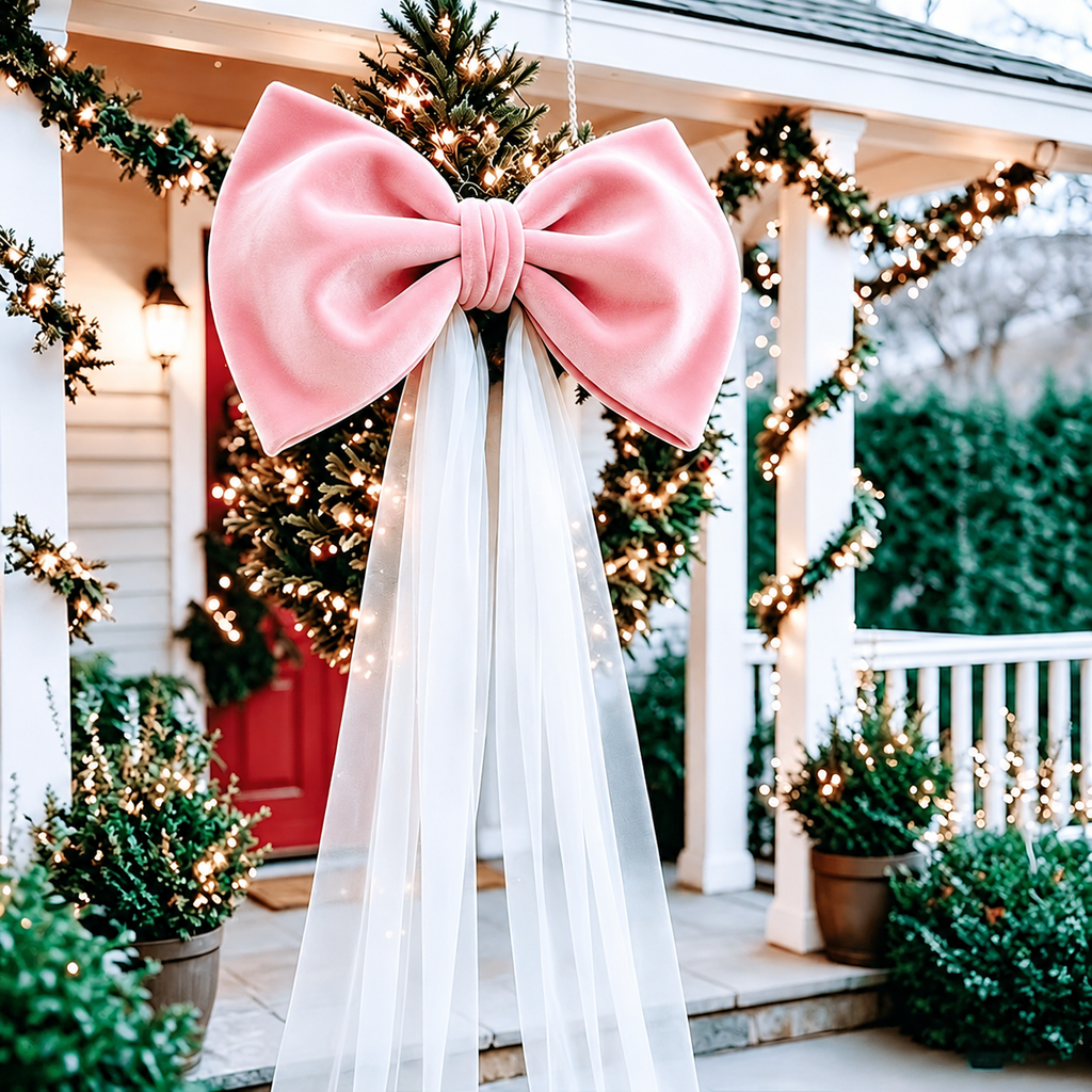 Oversized Christmas Bow — pink bow and white tulle tails outdoors