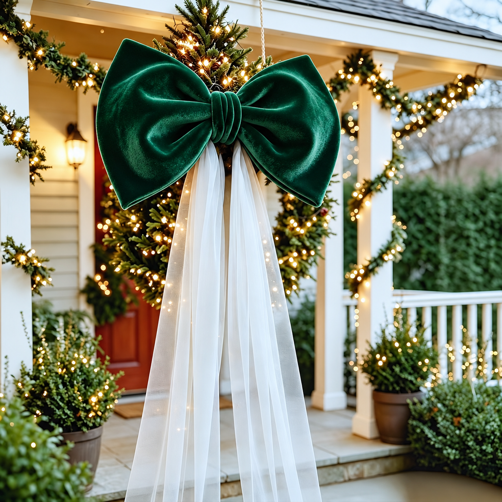 Oversized Christmas Bow — dark green bow with white tails