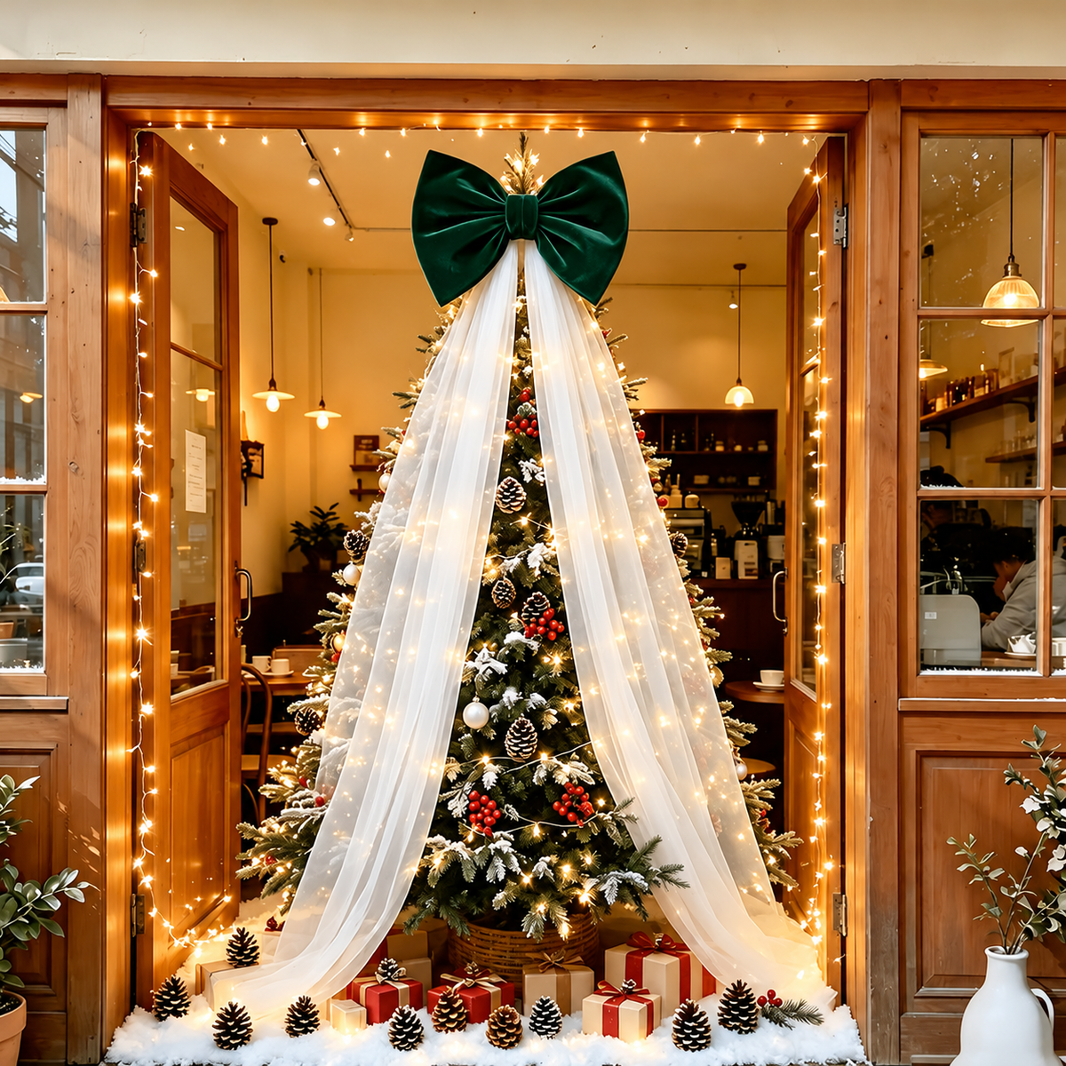 Oversized Christmas Bow — dark green bow above a Christmas tree