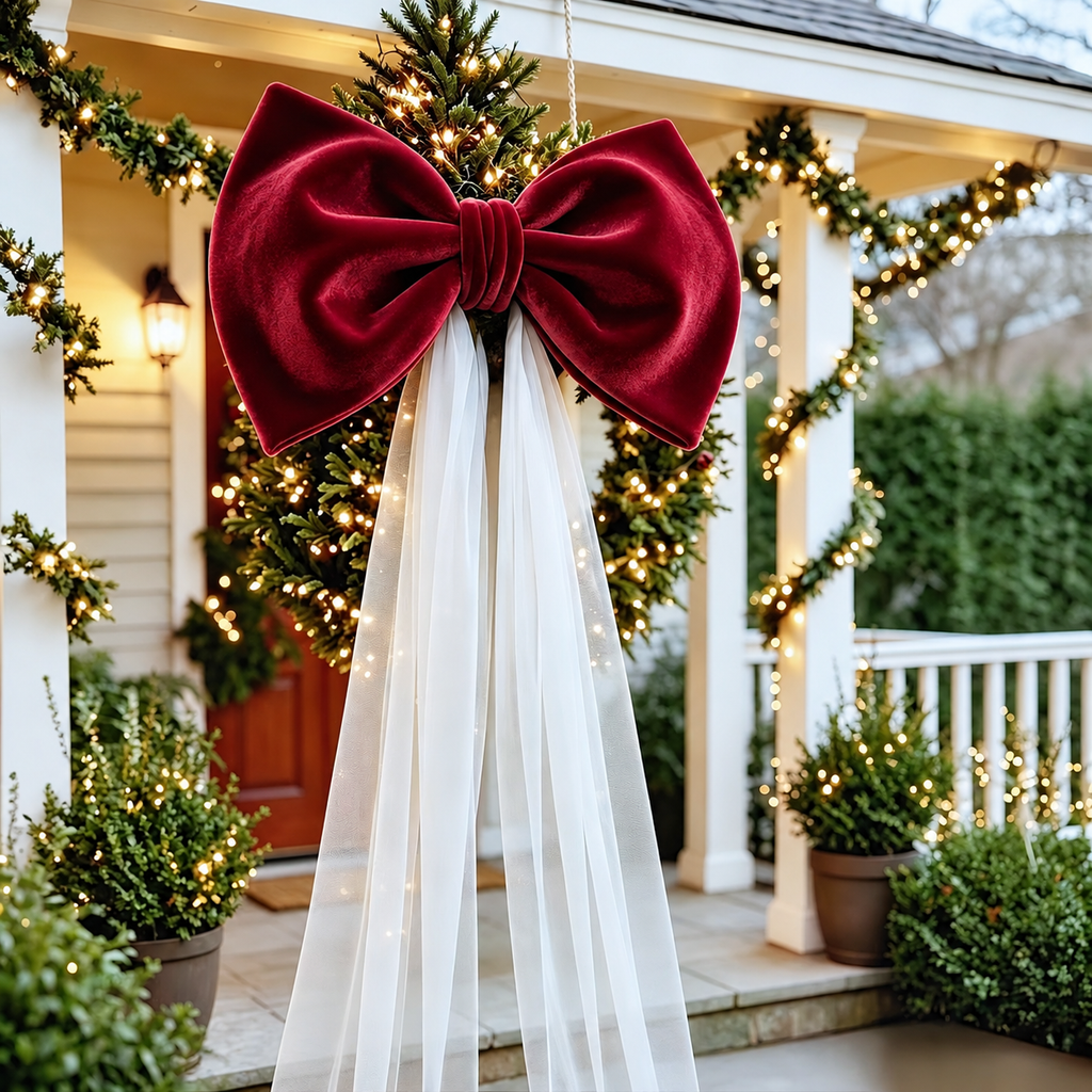 Oversized Christmas Bow — burgundy bow with long white tulle tails
