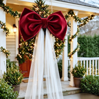 Oversized Christmas Bow — burgundy bow with long white tulle tails