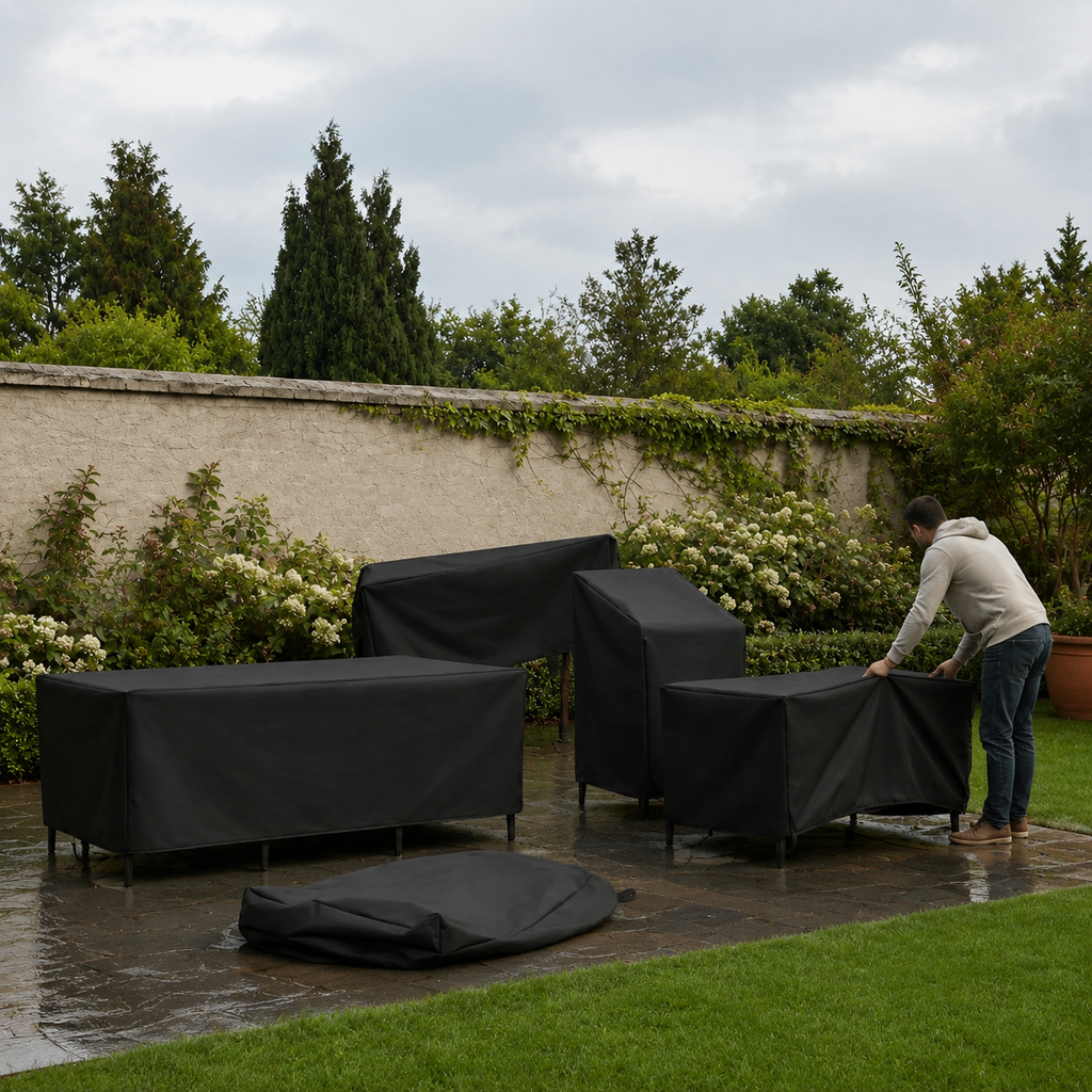 black patio furniture covers fitted to a seating set as a person adjusts one