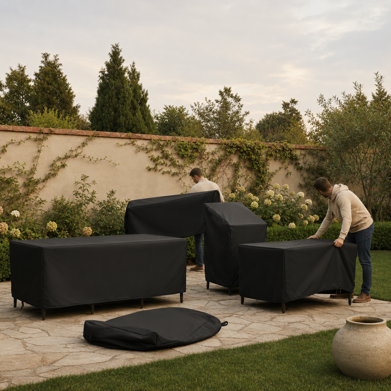 black patio furniture covers on a seating set handled by two people facing away