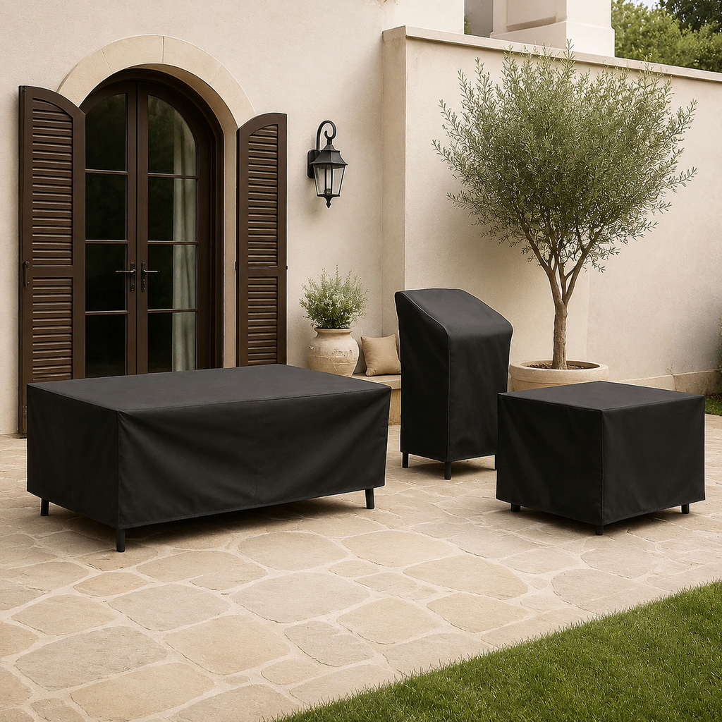 black patio furniture covers arranged on a Mediterranean-style US patio