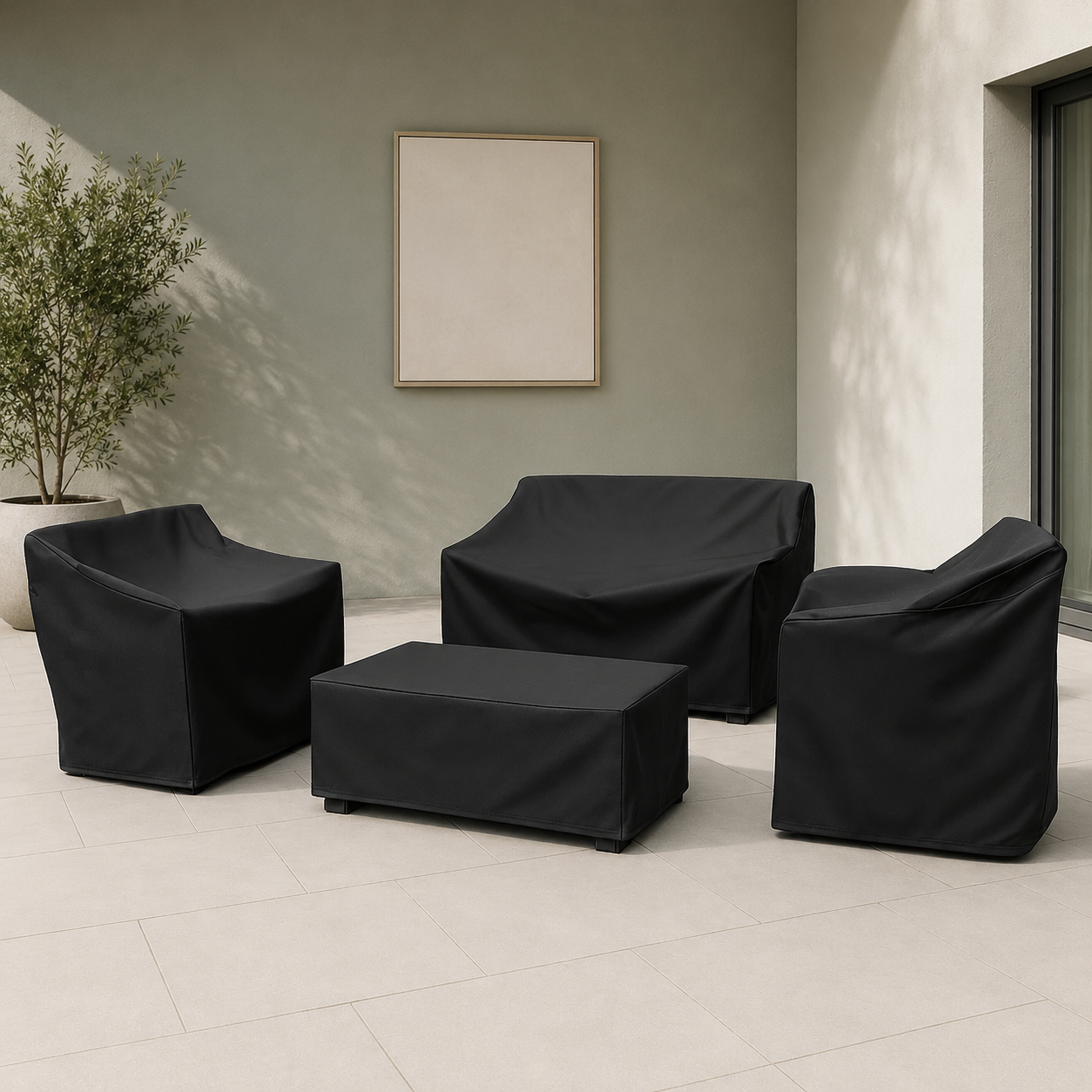 black patio furniture covers fitted over five outdoor seating pieces