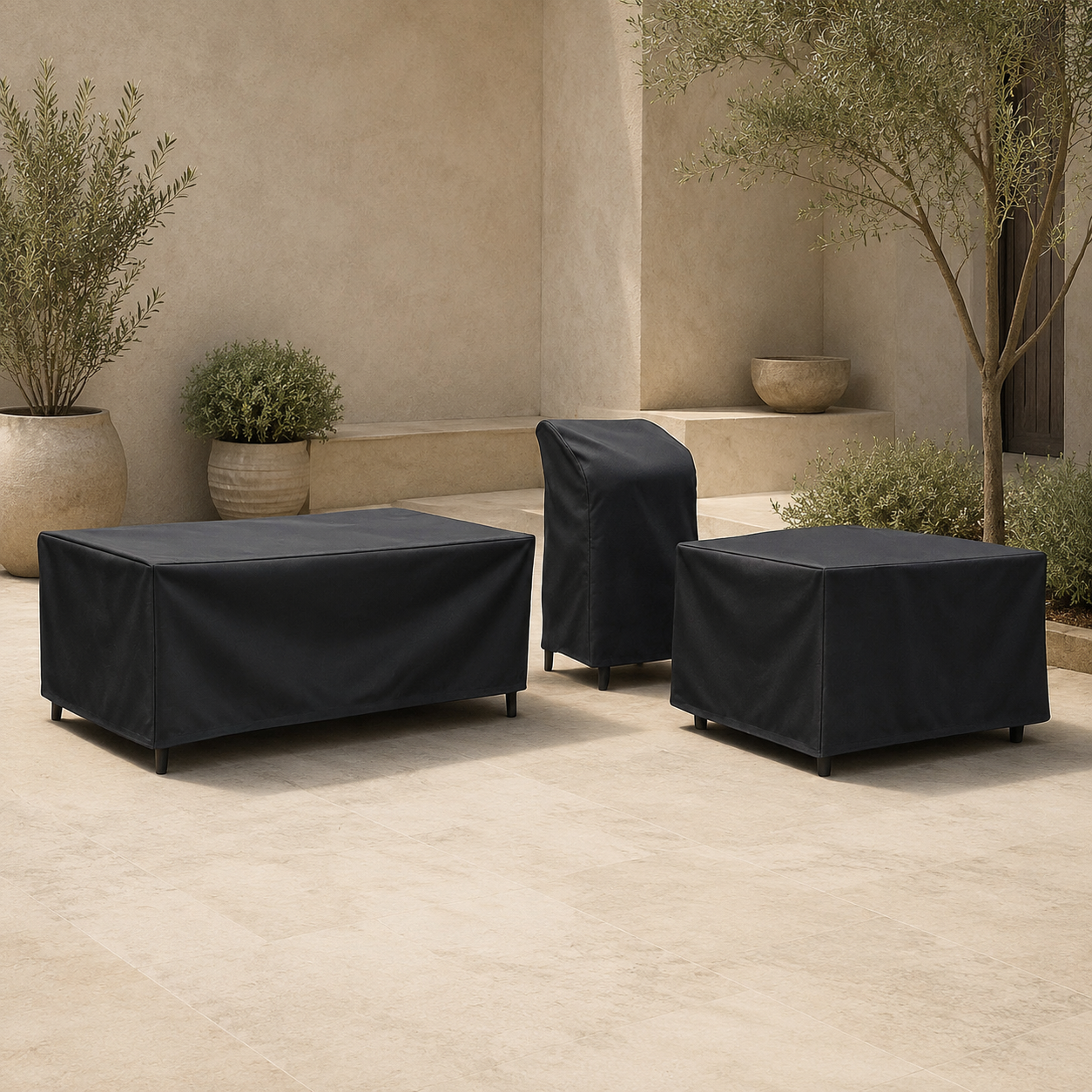 black patio furniture covers protecting a sofa, chairs and ottoman