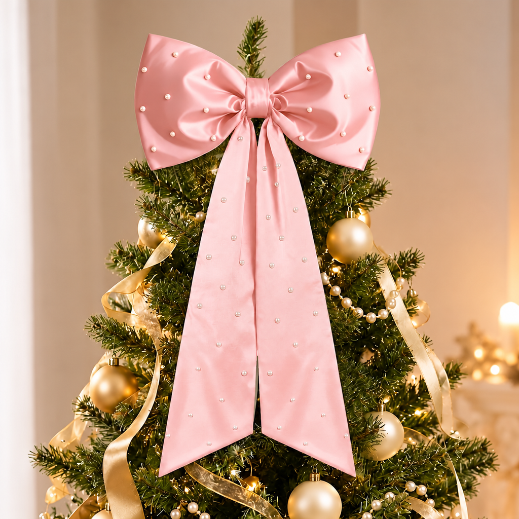 Pearl Detail Satin Christmas Bow — pink bow and pearl details on a tree
