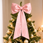 Pearl Detail Satin Christmas Bow — pink bow and pearl details on a tree
