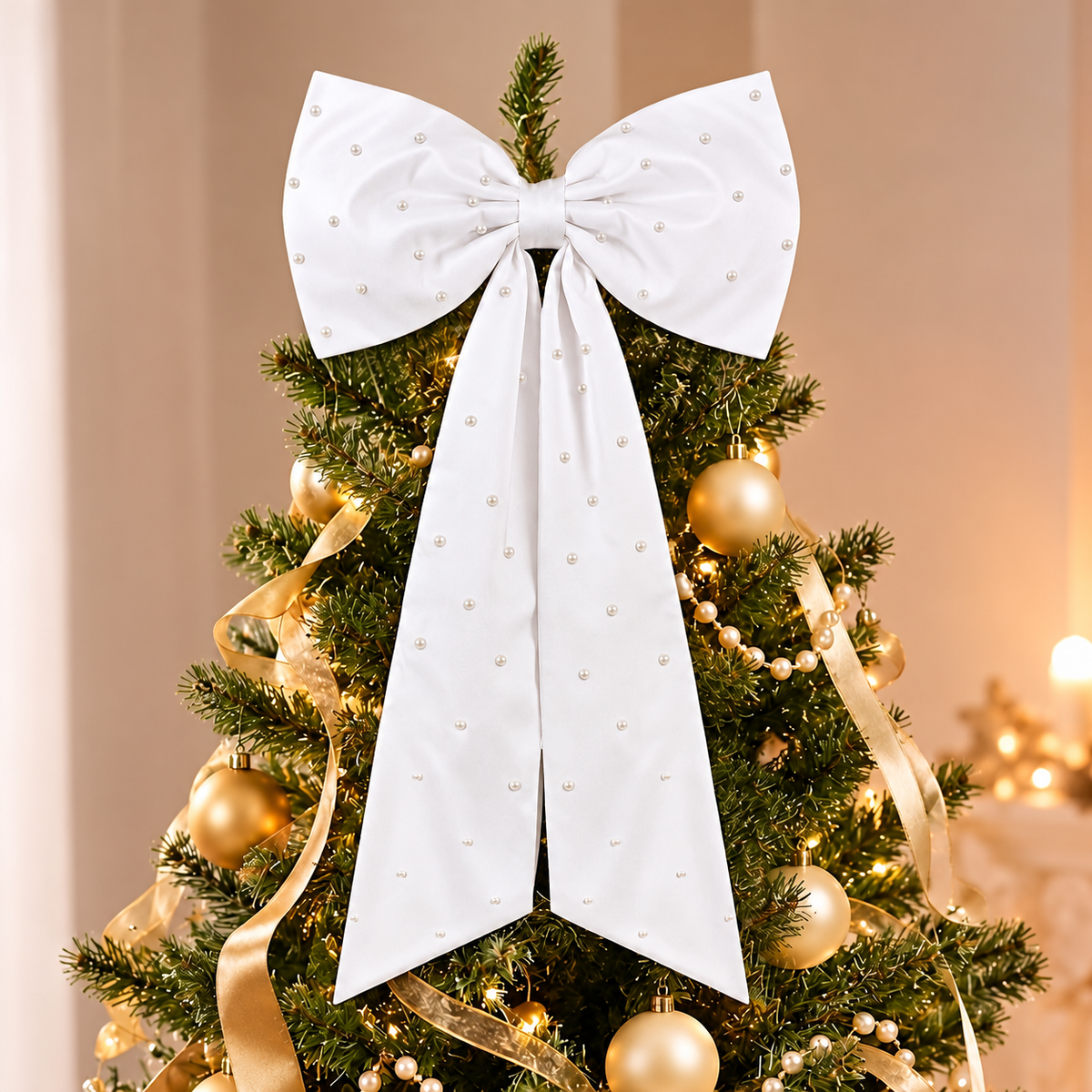 Pearl Detail Satin Christmas Bow — white bow on a tree