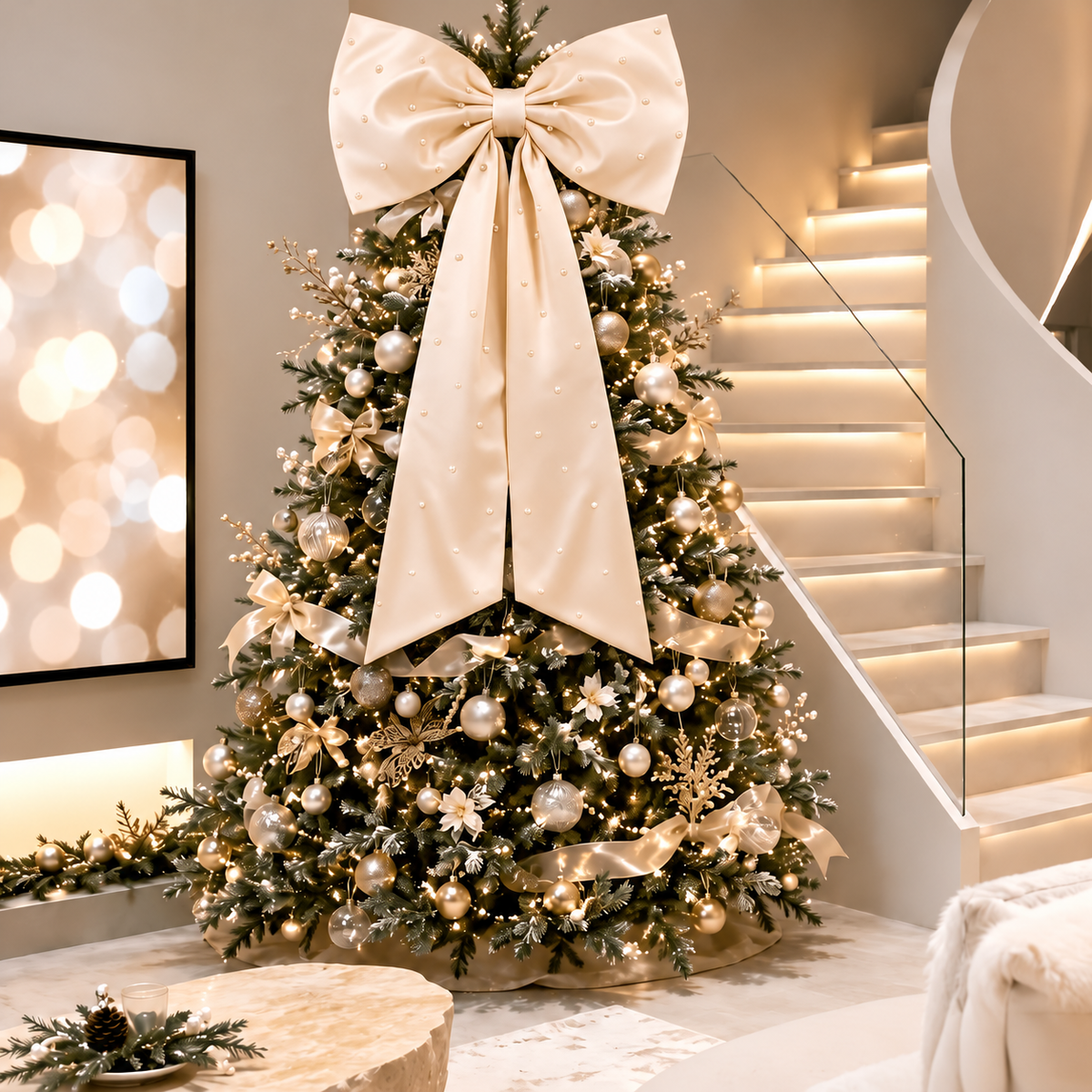 Pearl Detail Satin Christmas Bow — champagne bow in a stairway tree display