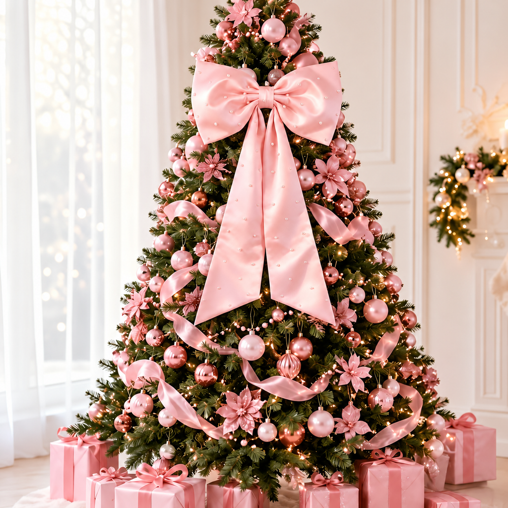 Pearl Detail Satin Christmas Bow — pink bow on a floral decorated tree