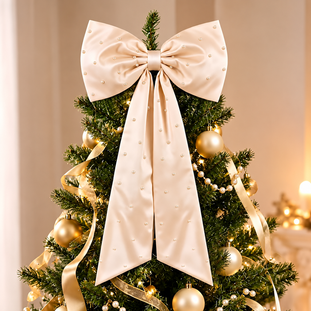 Pearl Detail Satin Christmas Bow — champagne bow on a tree