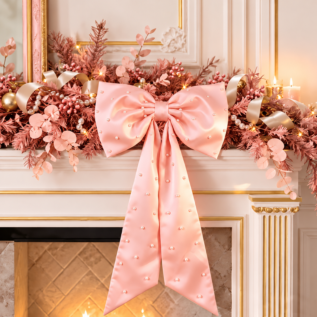 Pearl Detail Satin Christmas Bow — pink bow on a mantel arrangement