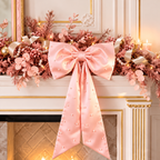 Pearl Detail Satin Christmas Bow — pink bow on a mantel arrangement
