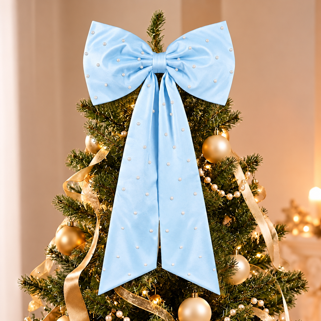 Pearl Detail Satin Christmas Bow — blue bow on a tree