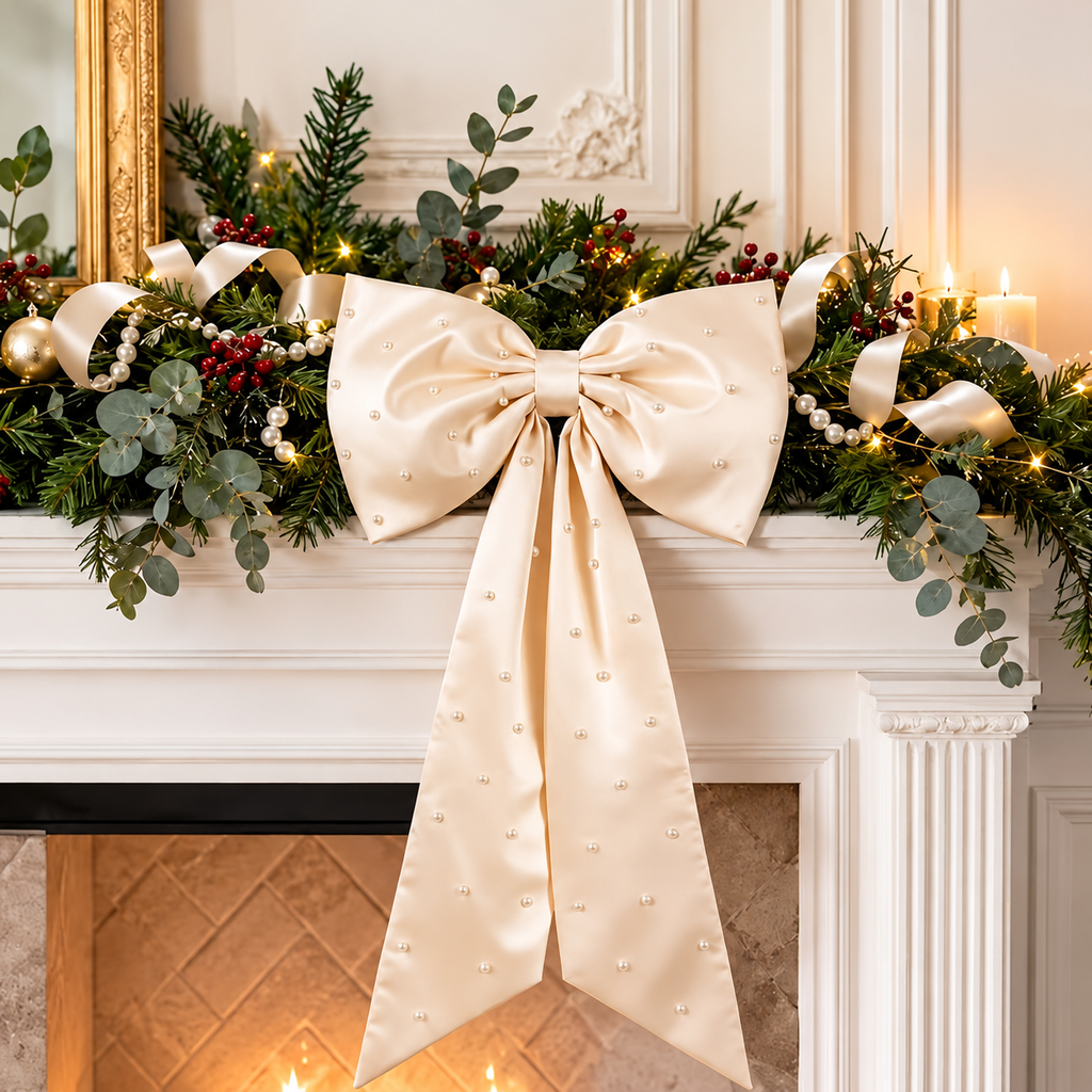Pearl Detail Satin Christmas Bow — champagne bow in a mantel garland