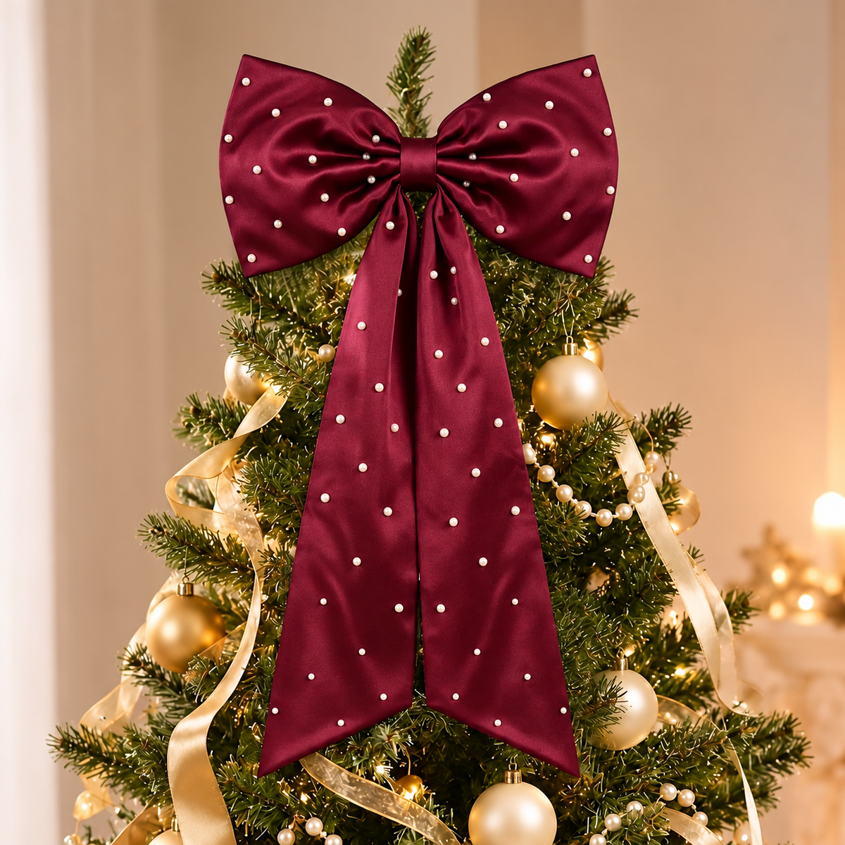 Pearl Detail Satin Christmas Bow — burgundy bow on a tree
