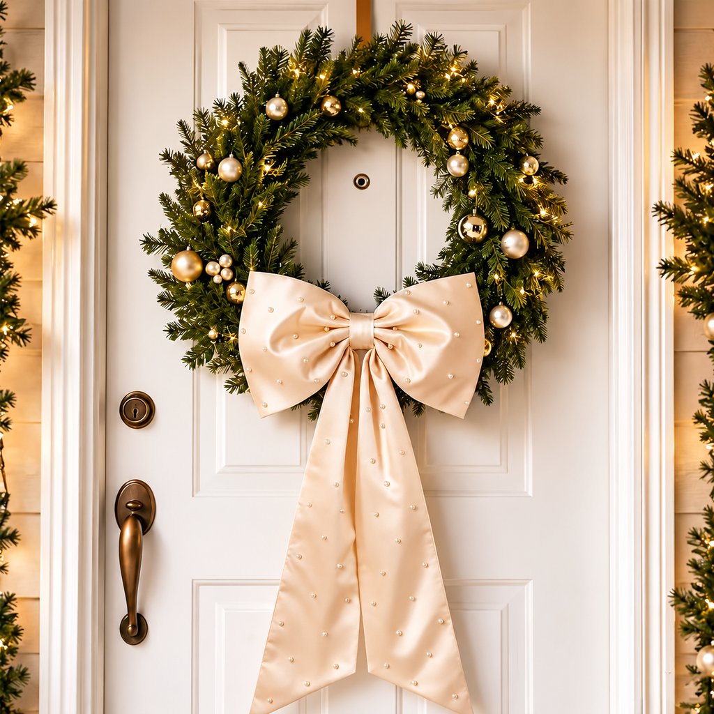 Pearl Detail Satin Christmas Bow — champagne bow decorating a door wreath