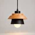 Nordic pendant light with a wood top and aluminum shade centered on a plain background.