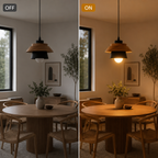 Pendant light shown switched off and illuminated side by side for comparison.