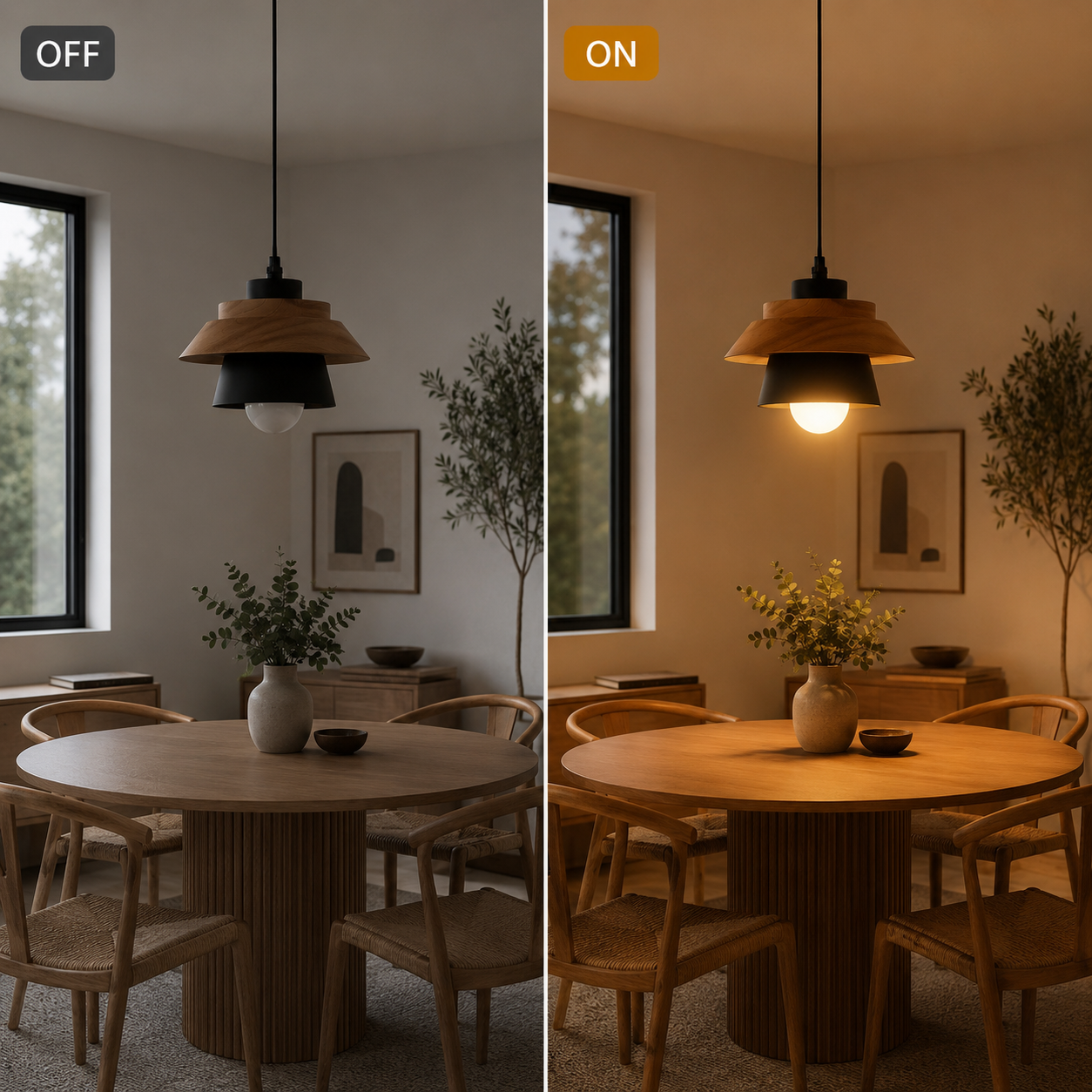 Pendant light shown switched off and illuminated side by side for comparison.