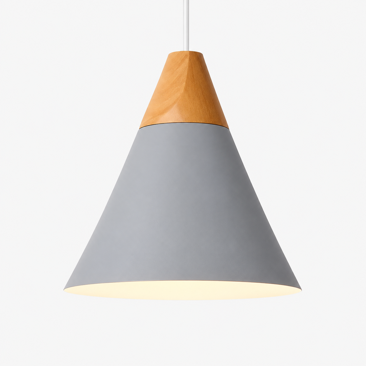 Gray cone pendant light with natural wood accent, glowing against a light gray background.