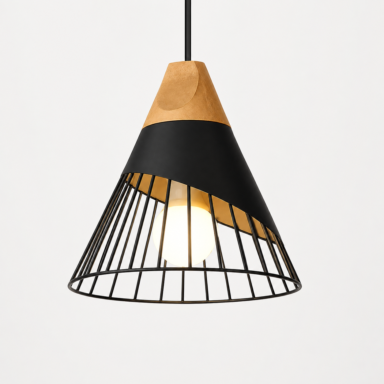 Black cone pendant light with natural wood accent, glowing against a light gray background.