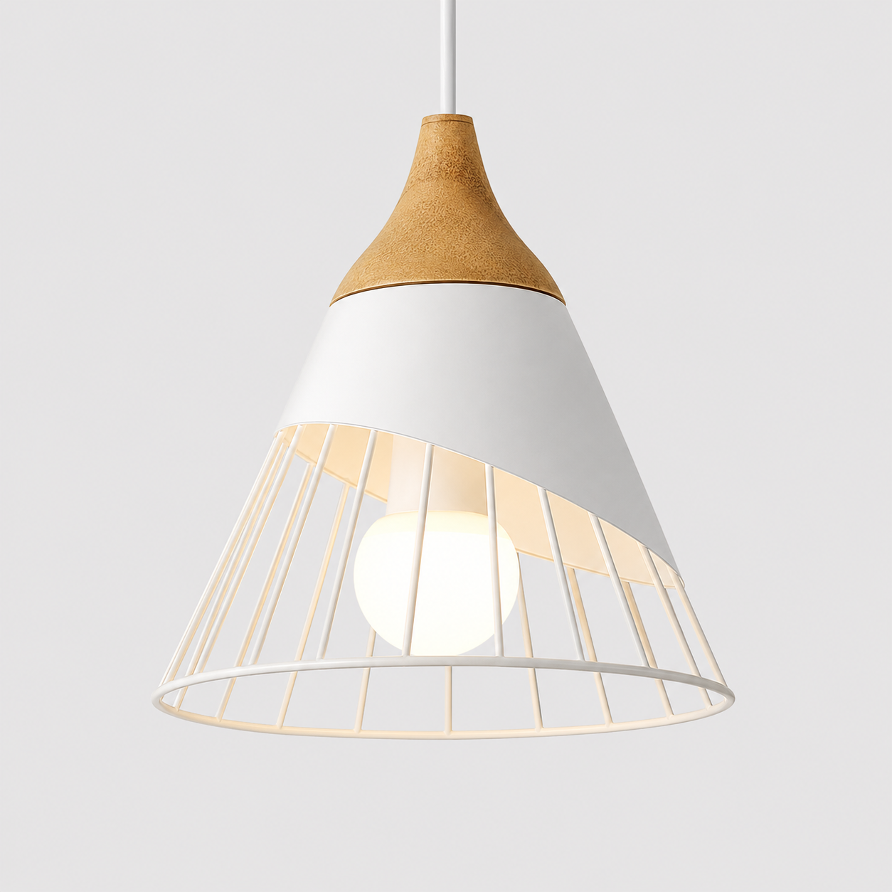White cone pendant light with natural wood accent, glowing against a light gray background.