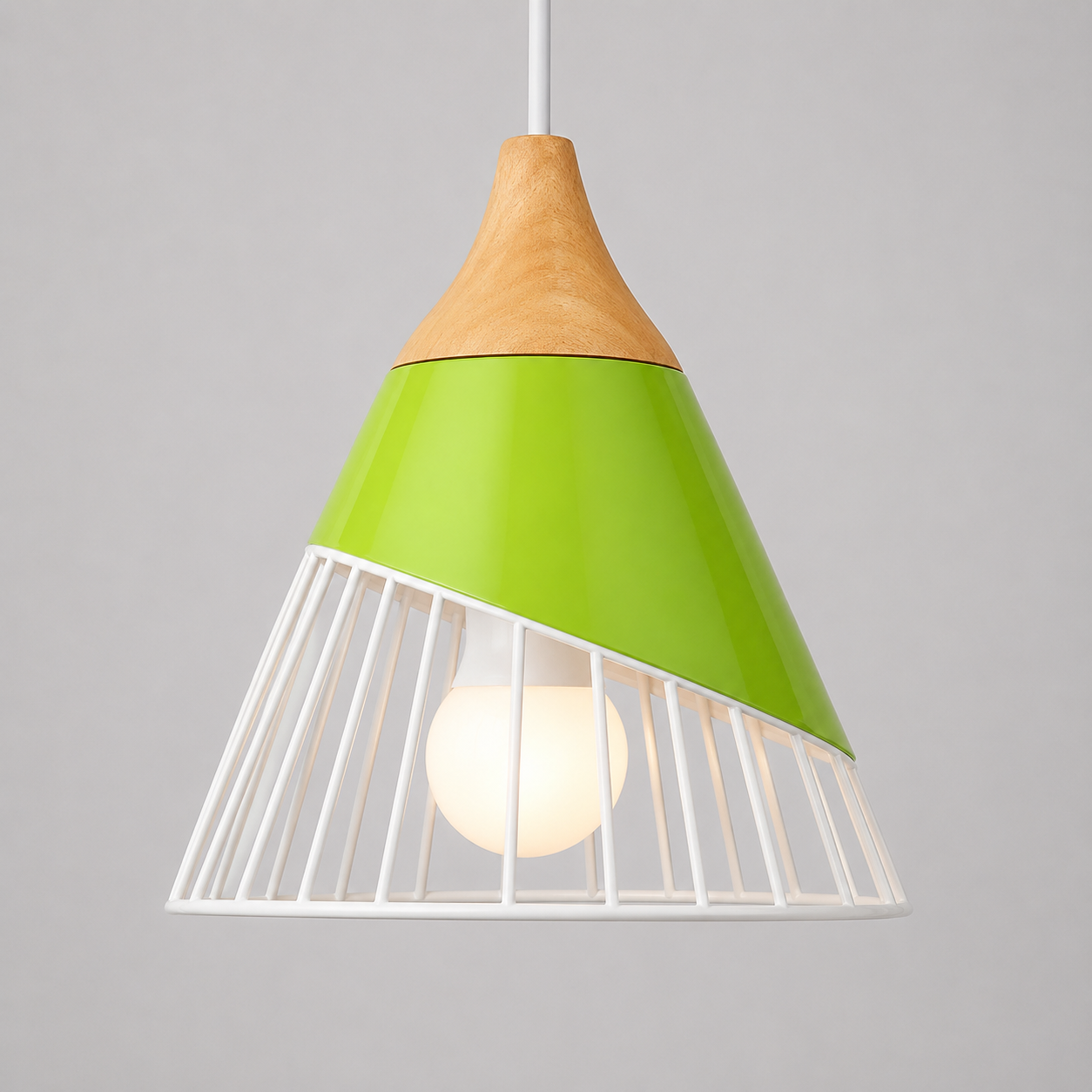 Yellow green cone pendant light with natural wood accent, glowing against a light gray background.