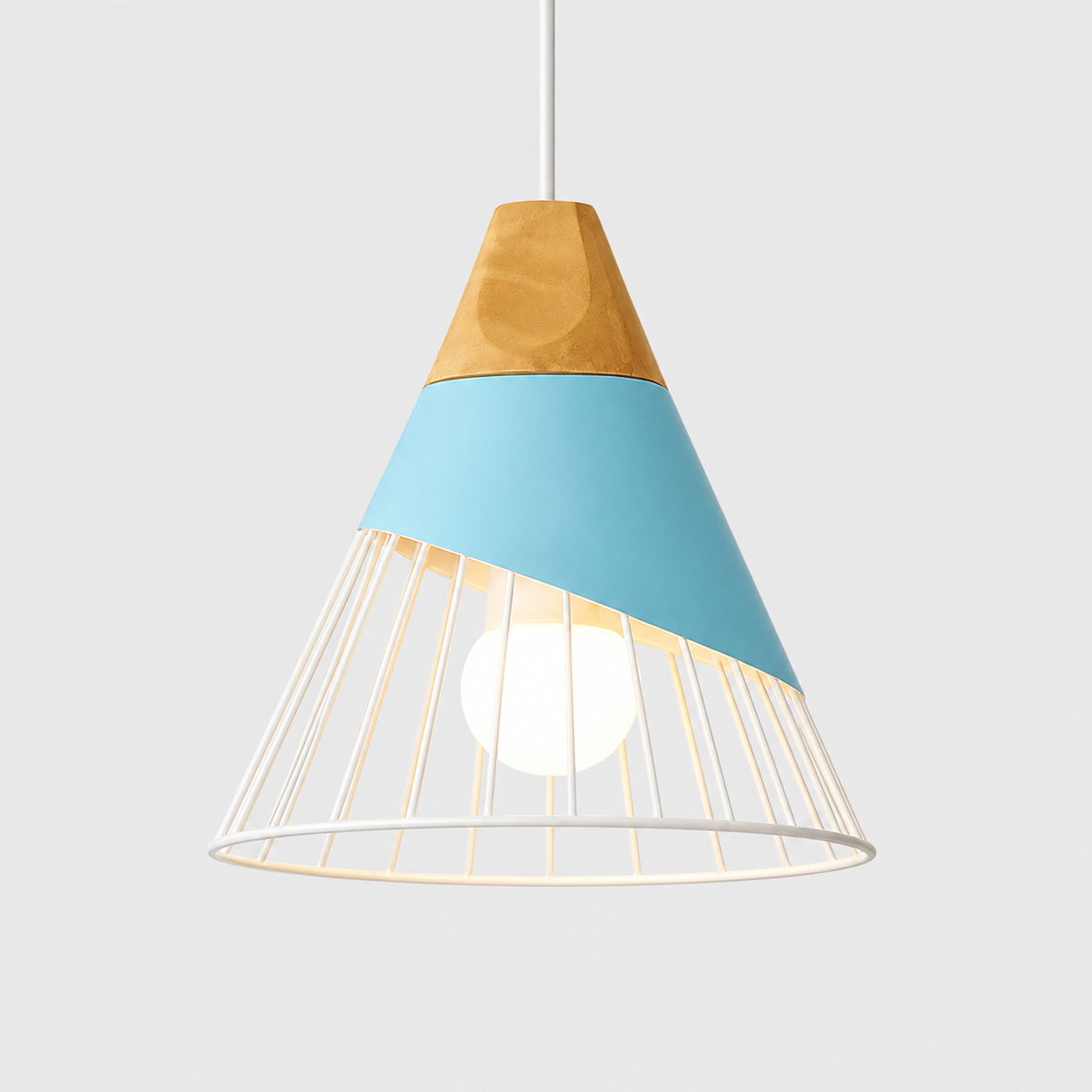 Light blue cone pendant light with natural wood accent, glowing against a light gray background.