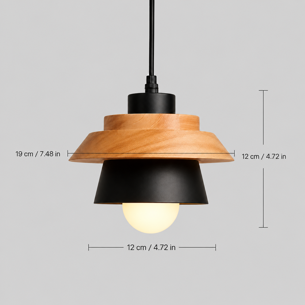 Pendant light dimensions graphic showing the available fixture sizes in centimeters and inches.