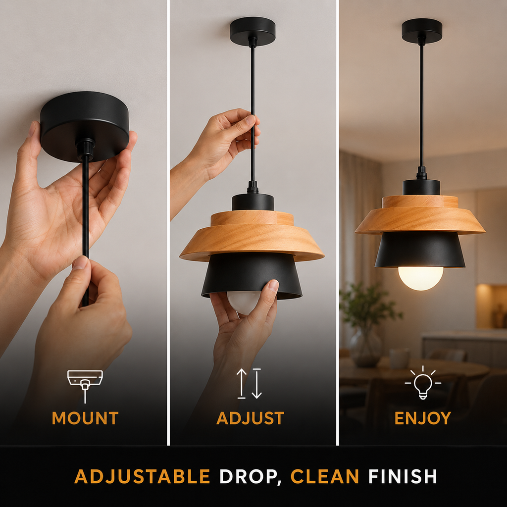 Pendant light setup graphic showing the hanging fixture installation in three illustrated steps.