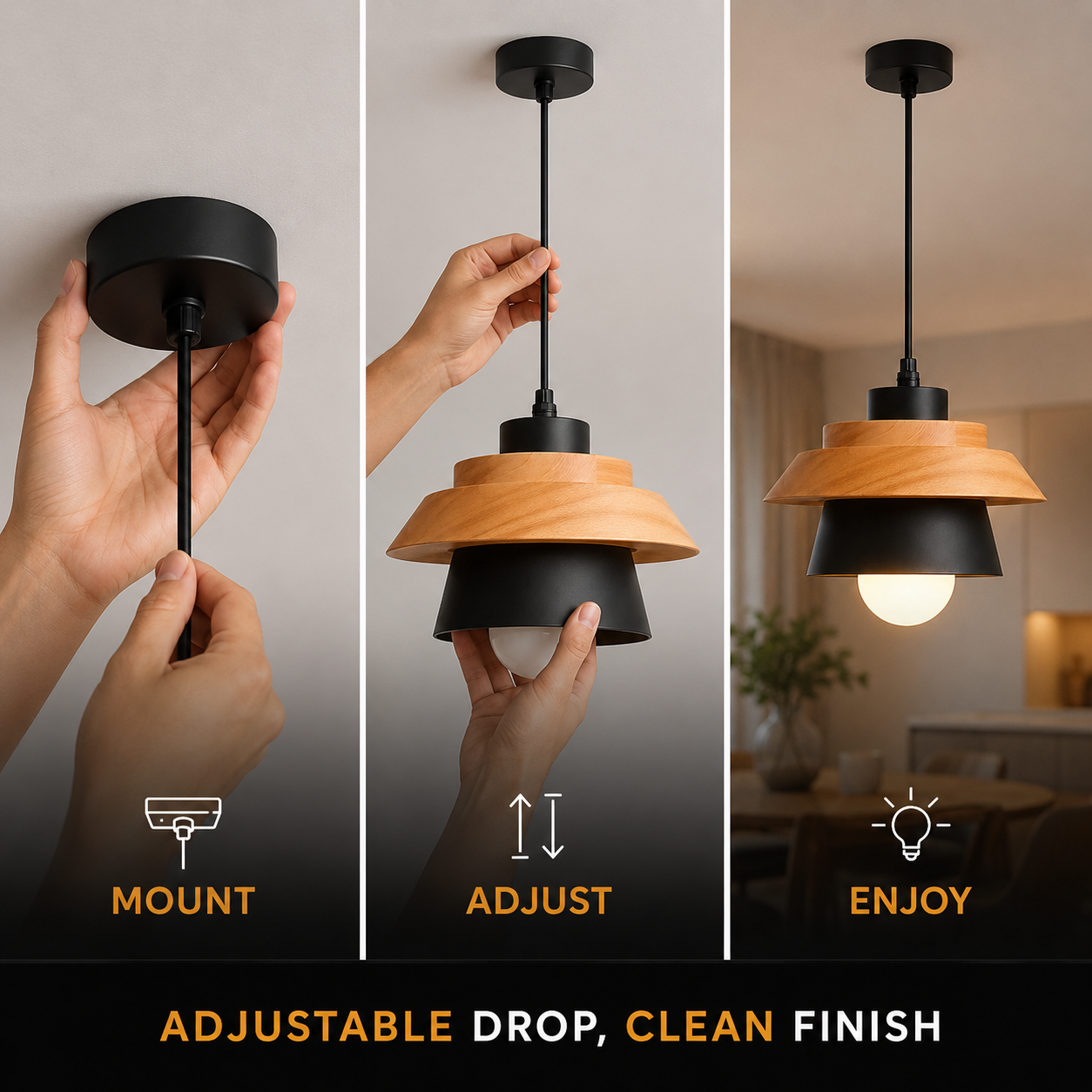 Pendant light setup graphic showing the hanging fixture installation in three illustrated steps.