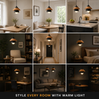 Pendant light displayed across nine interior room settings in a comparison grid.