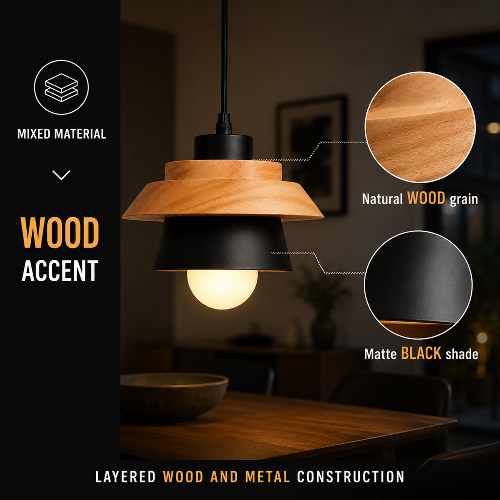 Pendant light technical graphic highlighting the fixture construction and hanging components.