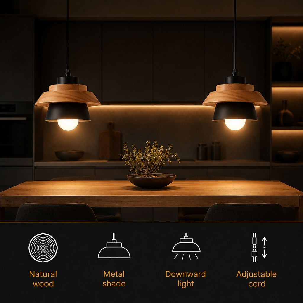 Pendant light in a styled room with a benefit icon bar beneath the scene.