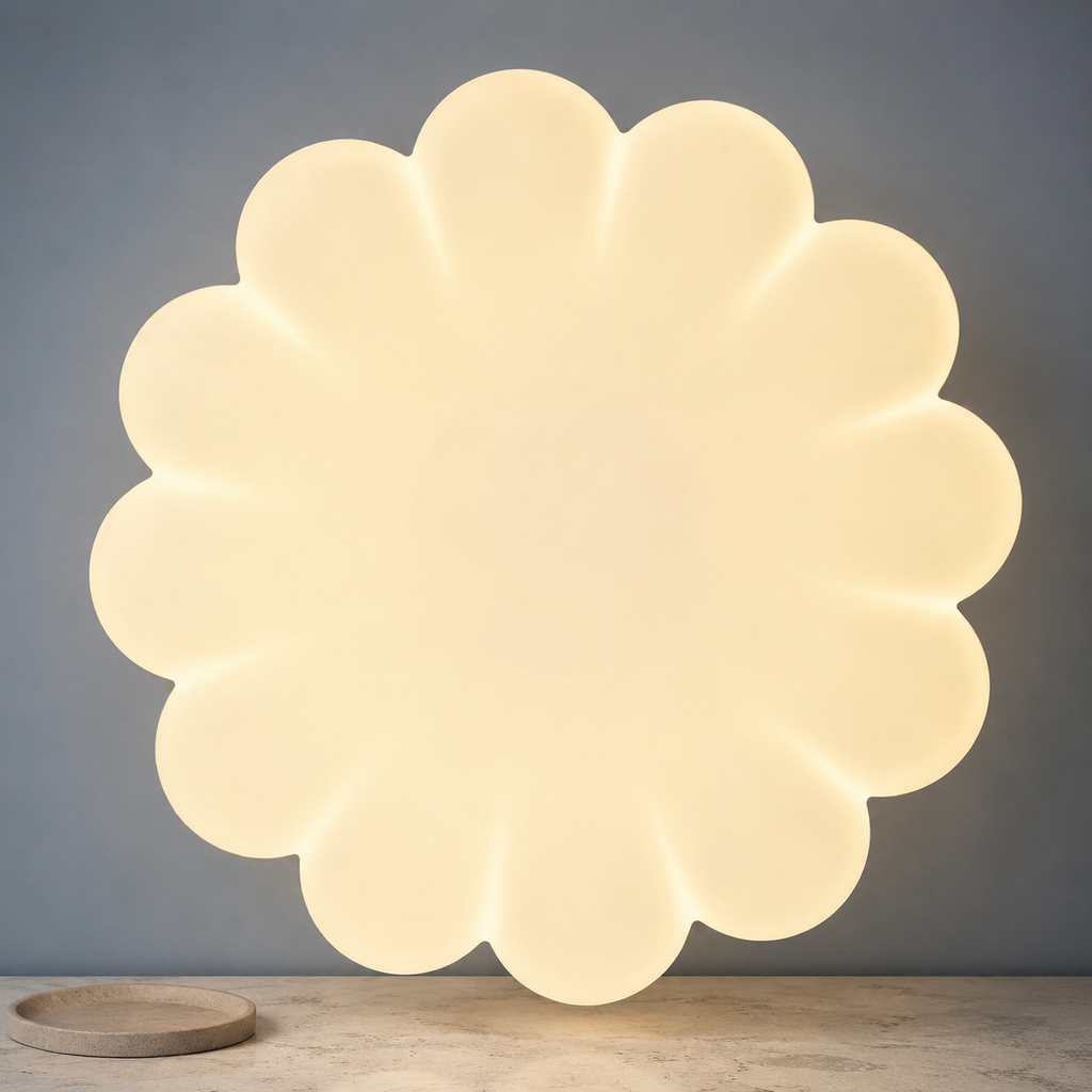 underside view of the glowing pleated Bauhaus pendant light shade