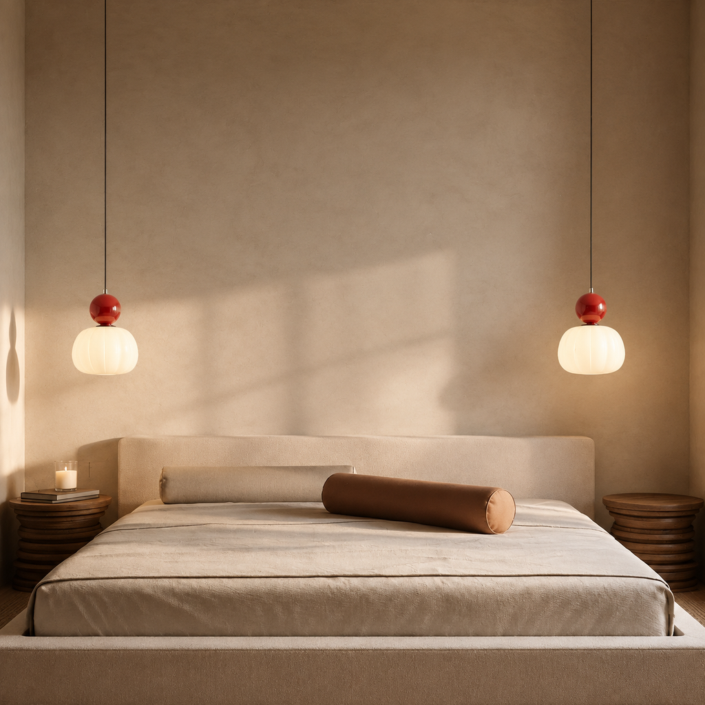 two red Bauhaus pendant light fixtures flanking a neutral bed