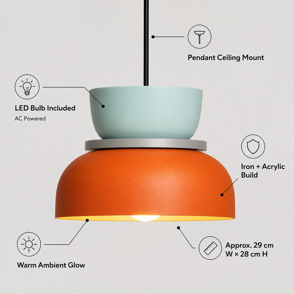 Orange and mint green color-block pendant light with LED bulb, ceiling mount, warm glow, iron and acrylic construction, and 29 × 28 cm dimensions.