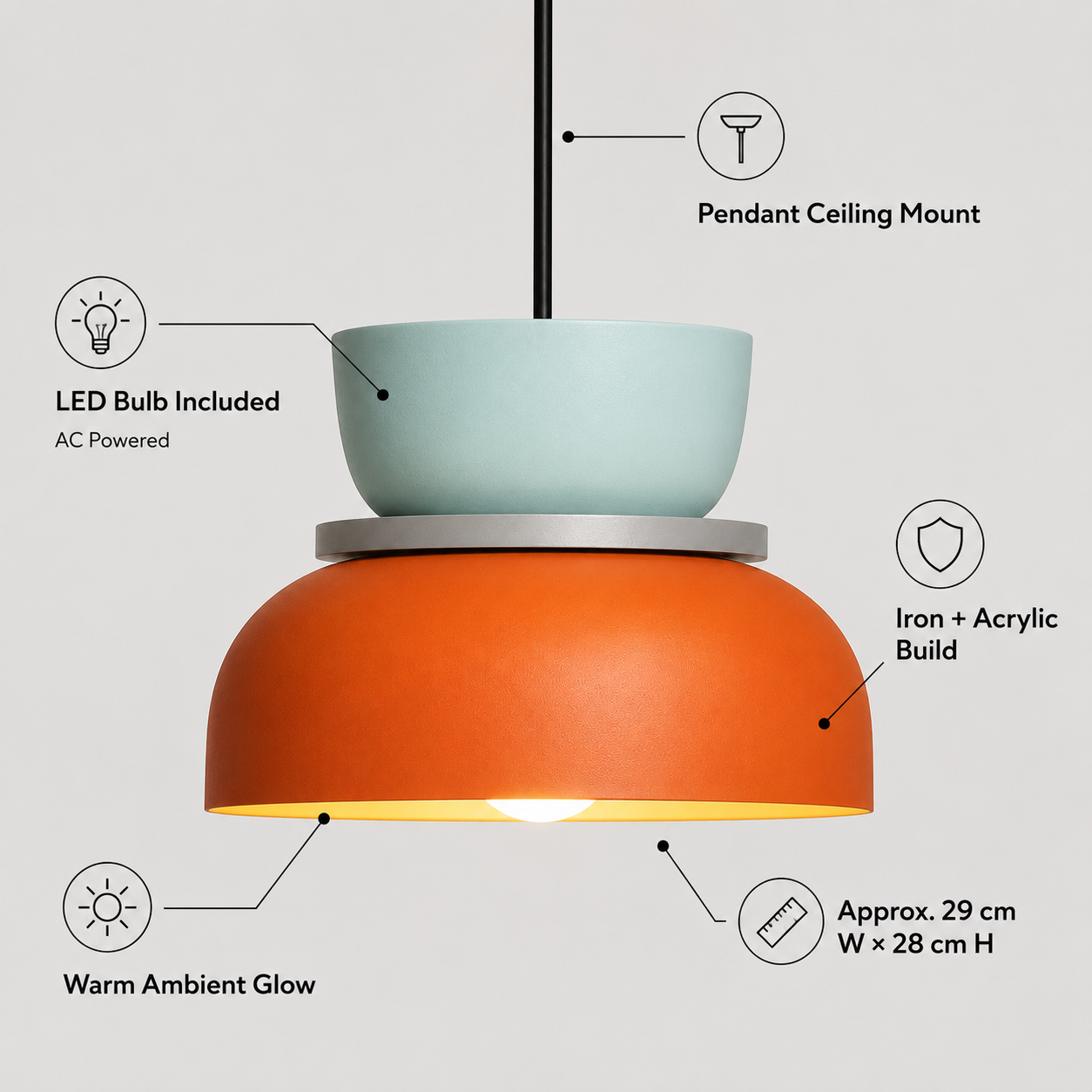 Orange and mint green color-block pendant light with LED bulb, ceiling mount, warm glow, iron and acrylic construction, and 29 × 28 cm dimensions.