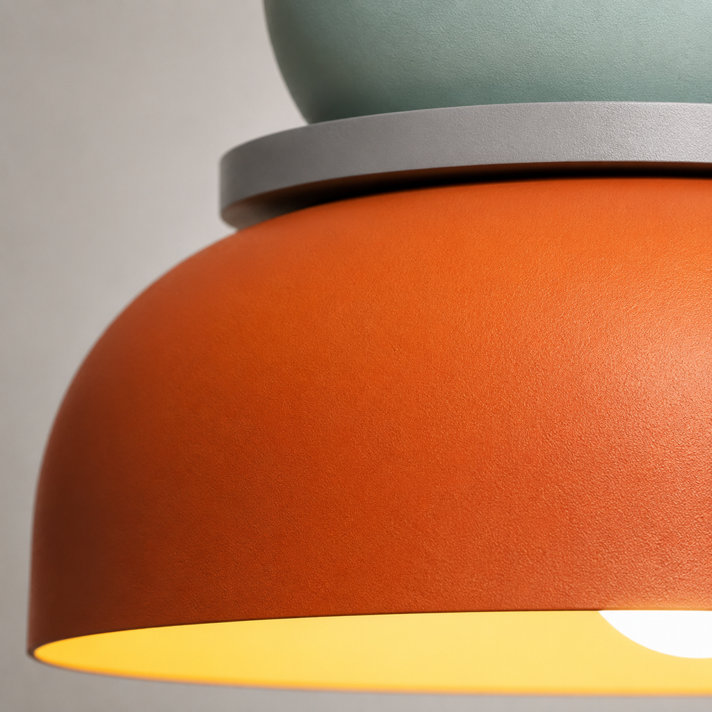 Close-up of an orange and mint green color-block pendant light with a textured finish and warm glow.