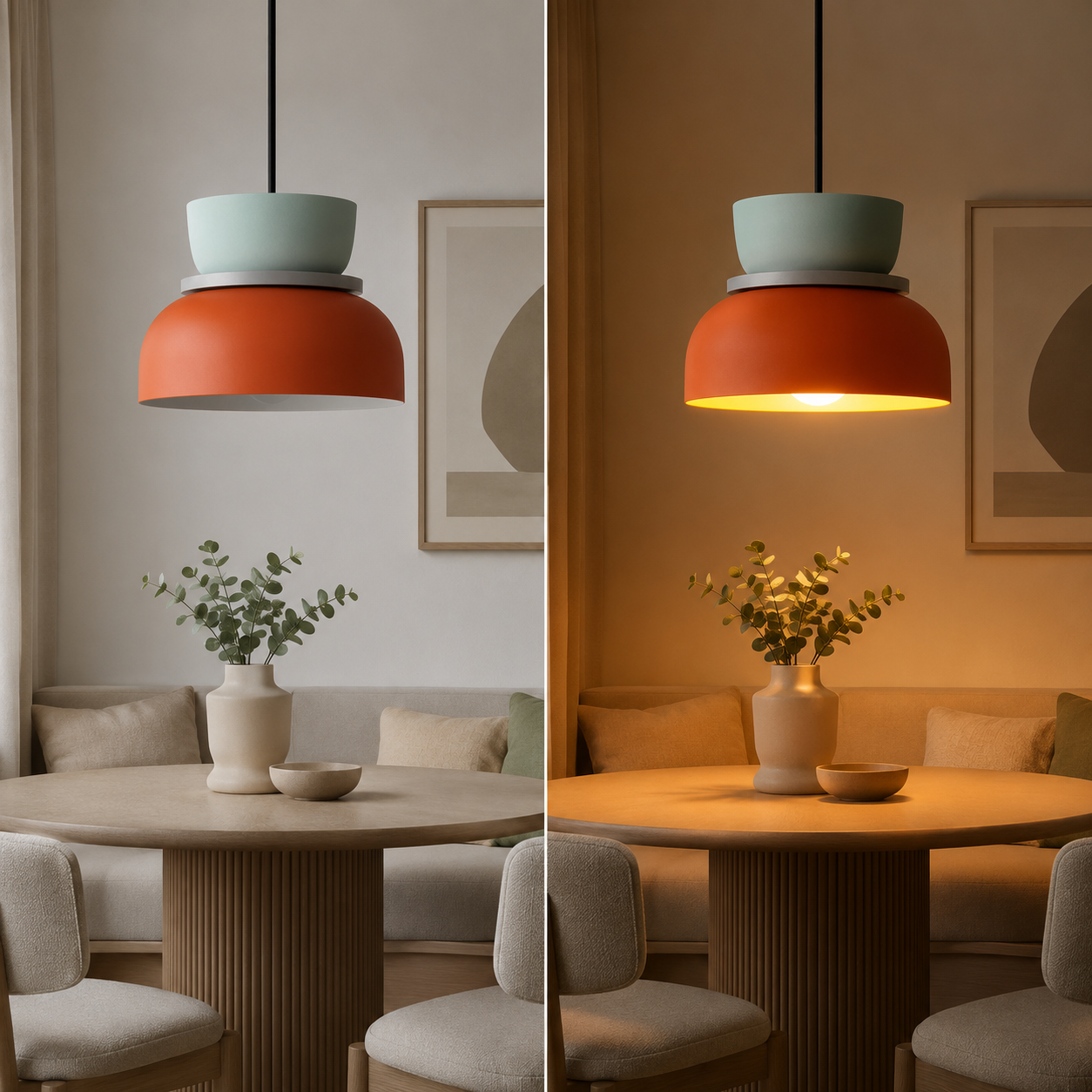 Orange and mint green color-block pendant light shown off and glowing warm white above a modern dining table.
